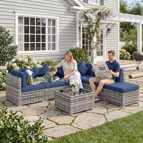 Outsunny 8 Piece L-Shape Rattan Garden Furniture Set with Blue Upholstered Cushions, Coffee Table and Ottoman – 11