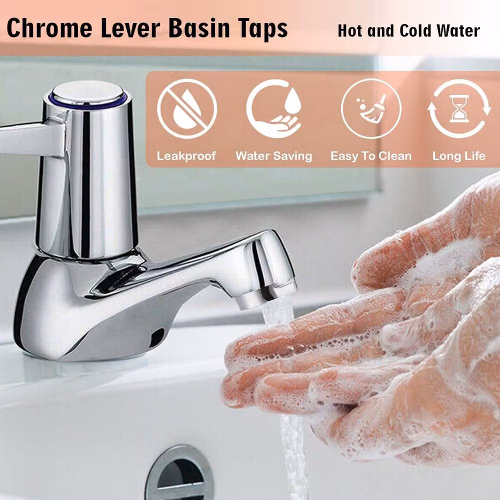 ATEK Pair of Chrome-Plated Brass Bathroom and Kitchen Basin Taps with Quarter Turn Lever Handles in Silver – 2