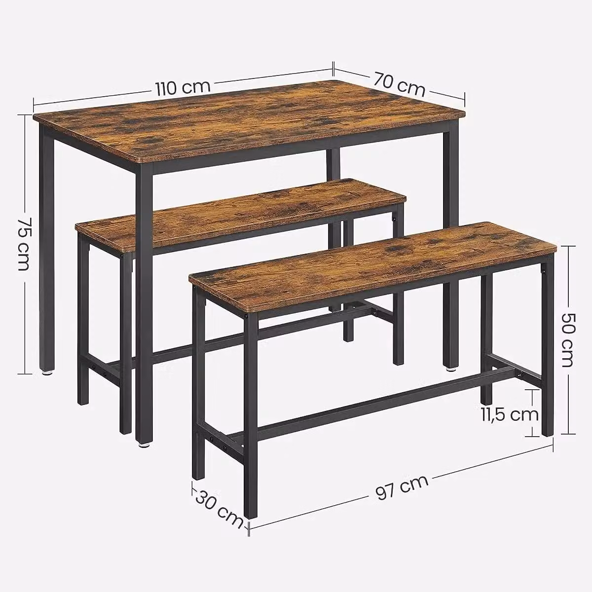 VASAGLE 3 Piece Industrial Style Dining Table and Benches Set in Dark Brown – 3