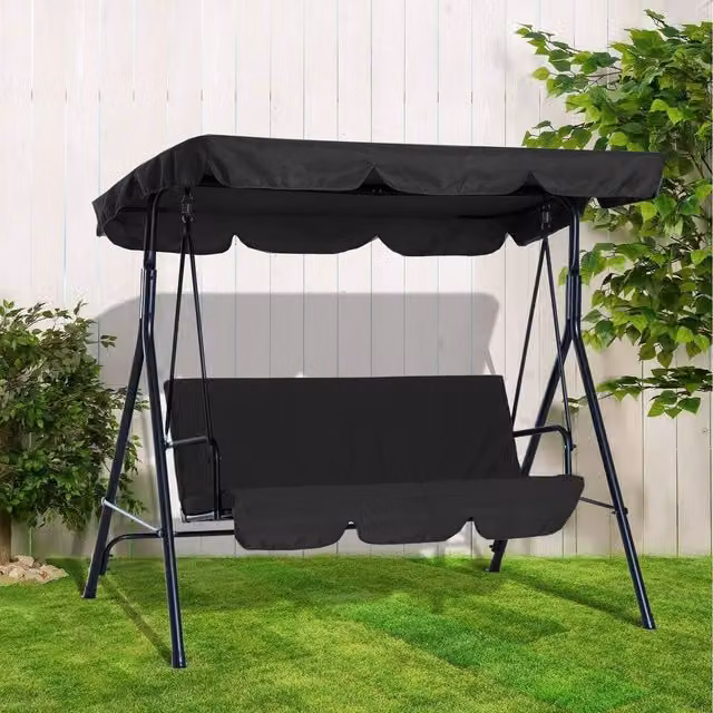 Downton 3 Seater Garden Swing Chair with Sun Canopy and Cushions, Black Powder Coated Steel
