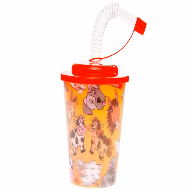 Pack of 12 Multicolour Farm Animal 3D Plastic Mugs with Lids and Straws for Children, 250 ml
