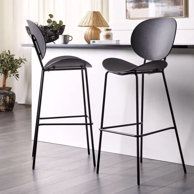 Wyld and Coco Set of 2 Black Bar Chairs with Polypropylene Seats and Powder-Coated Iron Legs