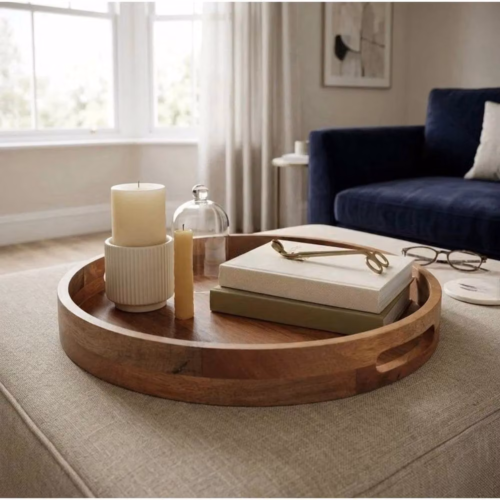 PAWNORA Round Solid Mango Wood Serving Tray with Handles in Brown – 2