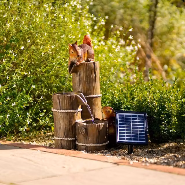 Primrose Tiered Cascade of Helpful Squirrels Solar Tabletop Water Feature with Lights in Brown