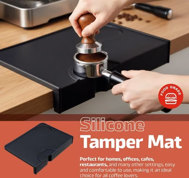 SPARES2GO Black Silicone Coffee Tamper Mat with Moulded Corner Edge Support, W: 21 cm, D: 15 cm