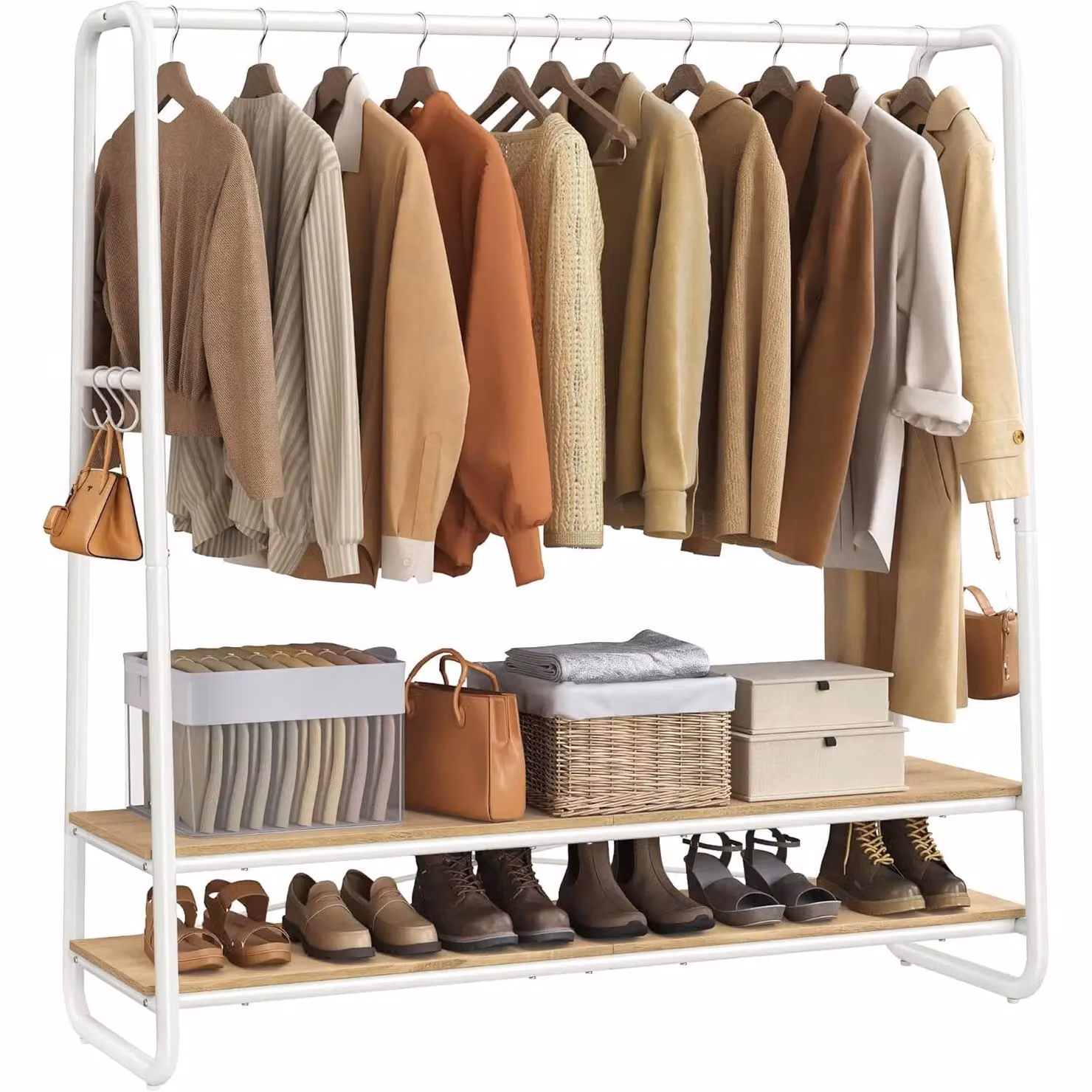 VASAGLE Industrial Bedroom Garment Rack with Shelves and Dual Hook and Rail Matrix in Sand and White, W/D/H: 160 x 45 x 45 cm – 3