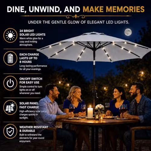 GlamHaus Solar LED Tilting Garden Parasol with Crank Handle and UV40 Protection, Grey – 4