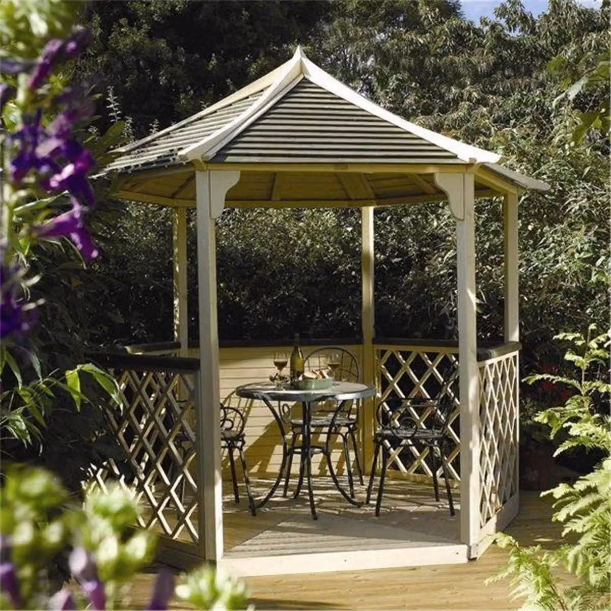 Cheshire Premier Pressure Treated Hexagonal Wood Garden Gazebo in Light Oak Brown – 3