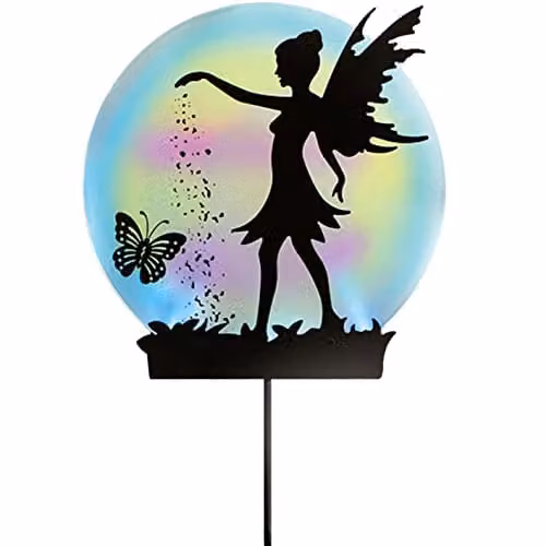 mysmartbuy Fairy and Butterfly Silhouette Solar Garden Stake Light, Multicolour Metal Outdoor Sphere Lighting with Dusk Sensor, H50 x W25 x D4 cm – 1