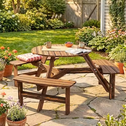 Outsunny 6 Seater Carbonised Wood Garden Dining Set with Table and Benches in Brown – 8