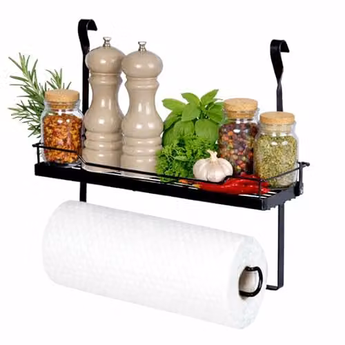 LIVIVO Black Hanging Kitchen Roll Holder and Storage Shelf Organiser – 3