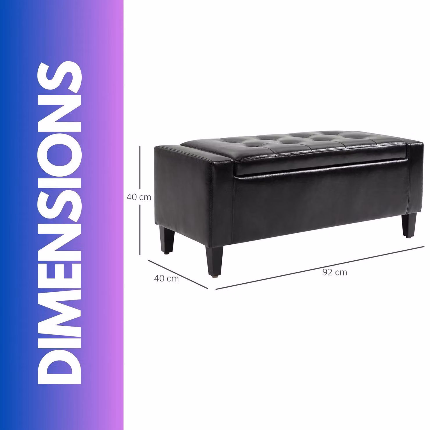 FURNOS Tufted Faux Leather Ottoman Storage Bench in Black, W/D/H: 150 x 40 x 40 cm – 4