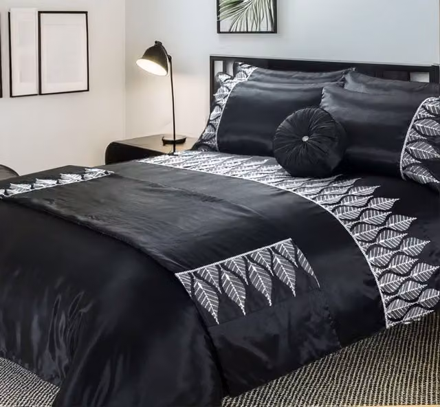 Snug City Luxury Black and Silver Sequin Floral Duvet Cover and Pillowcase Set