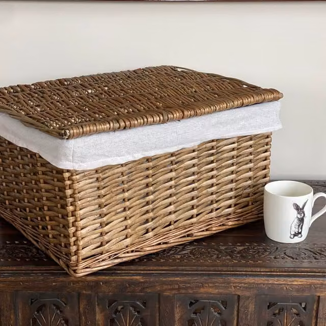Topfurnishing Lidded Wicker Storage Basket with Lining in Brown, Diameter: 35 cm