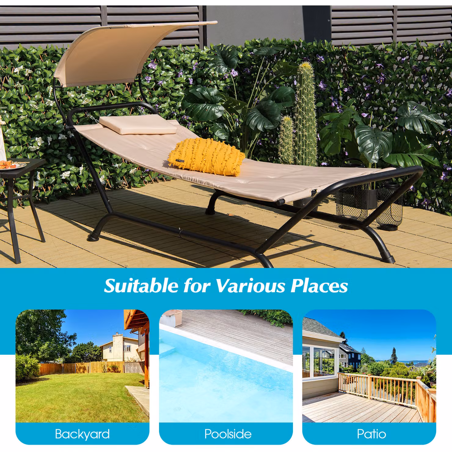 Costway Patio Hanging Chaise Lounge Chair Hammock with Stand and Sun Canopy in Beige and White – 2