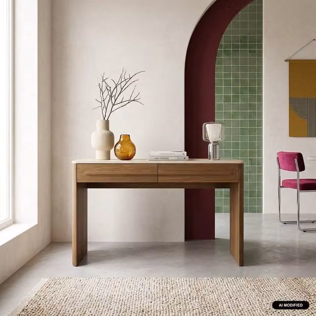 Sweekeek Modern Console Table with Travertine Effect Top and 2 Drawers in Dark Brown