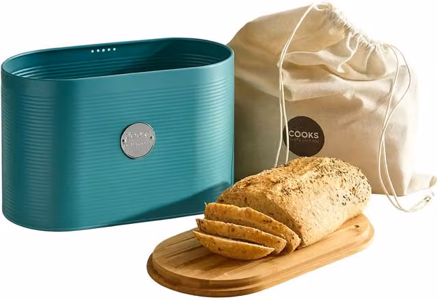 Cooks Professional Ribbed Bread Bin with Linen Bag and 2-in-1 Bamboo Cutting Board Lid in Petrol Blue and Silver