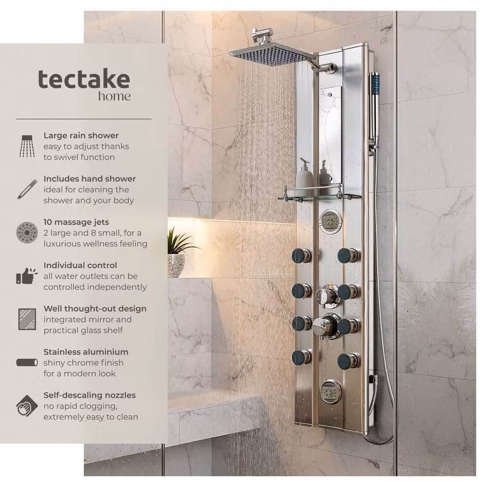 tectake Silver Aluminum Shower Panel with 10 Massage Jets, Overhead Rain Shower and Hand Shower, Wall Mounted, H 118.0 cm x W 27.0 cm x D 9.8 cm – 2