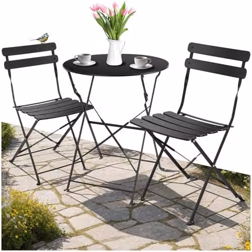 tectake Bistro Set with 1 Garden Table and 2 Chairs in Black Metal