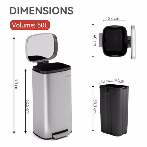 MCC Direct 50L Silver Stainless Steel Pedal Bin with Soft Close Lid and Removable Inner Bucket – 2