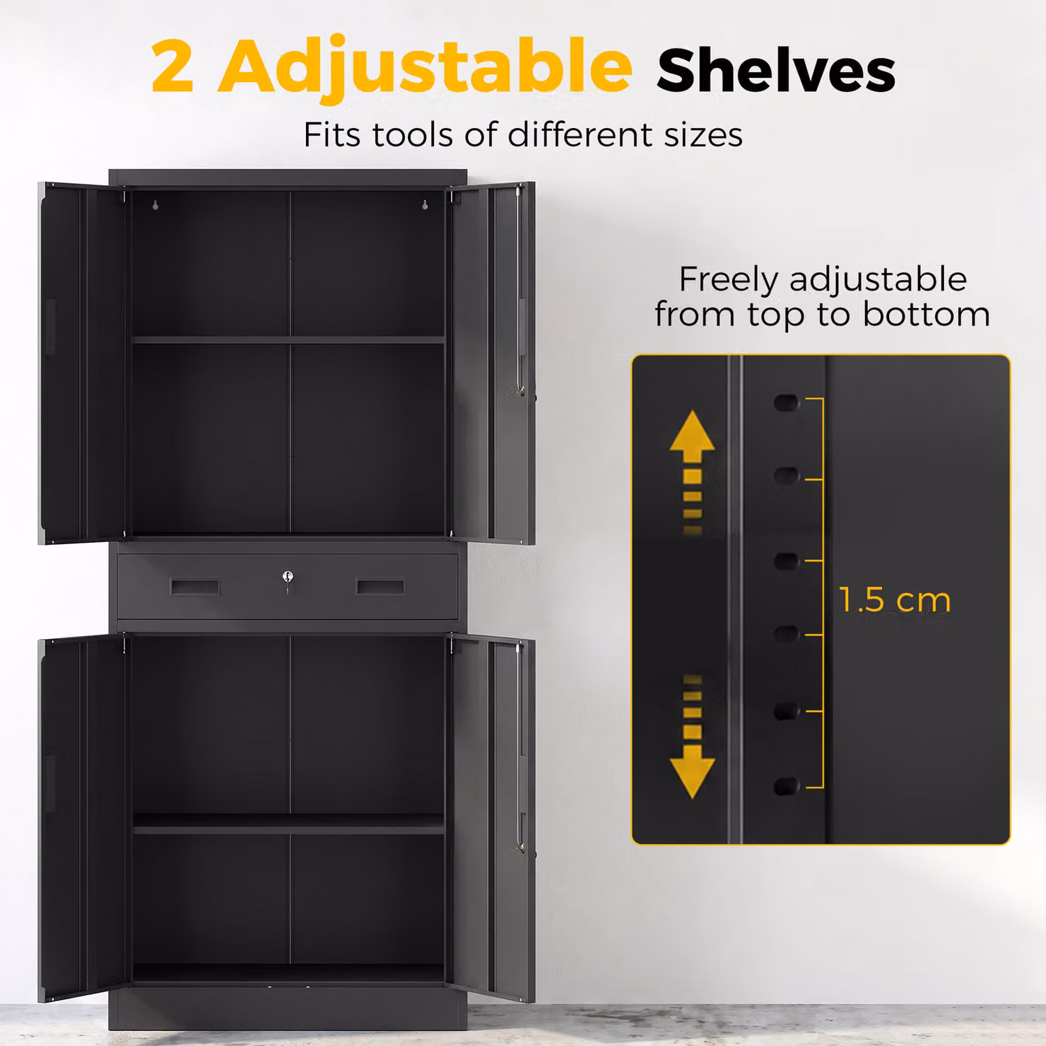 HOMCOM Black Metal Storage Cabinet with Locking Hinged Doors, Drawers and Internal Shelves, Height: 180 cm – 6