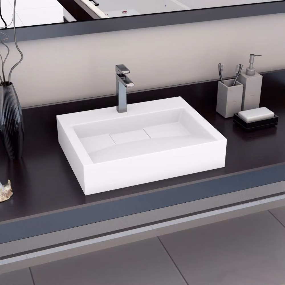 Berkfield Home White Mineral Cast Rectangular Wall Hung Wash Basin W: 60 cm, D: 38 cm, H: 11 cm – 2