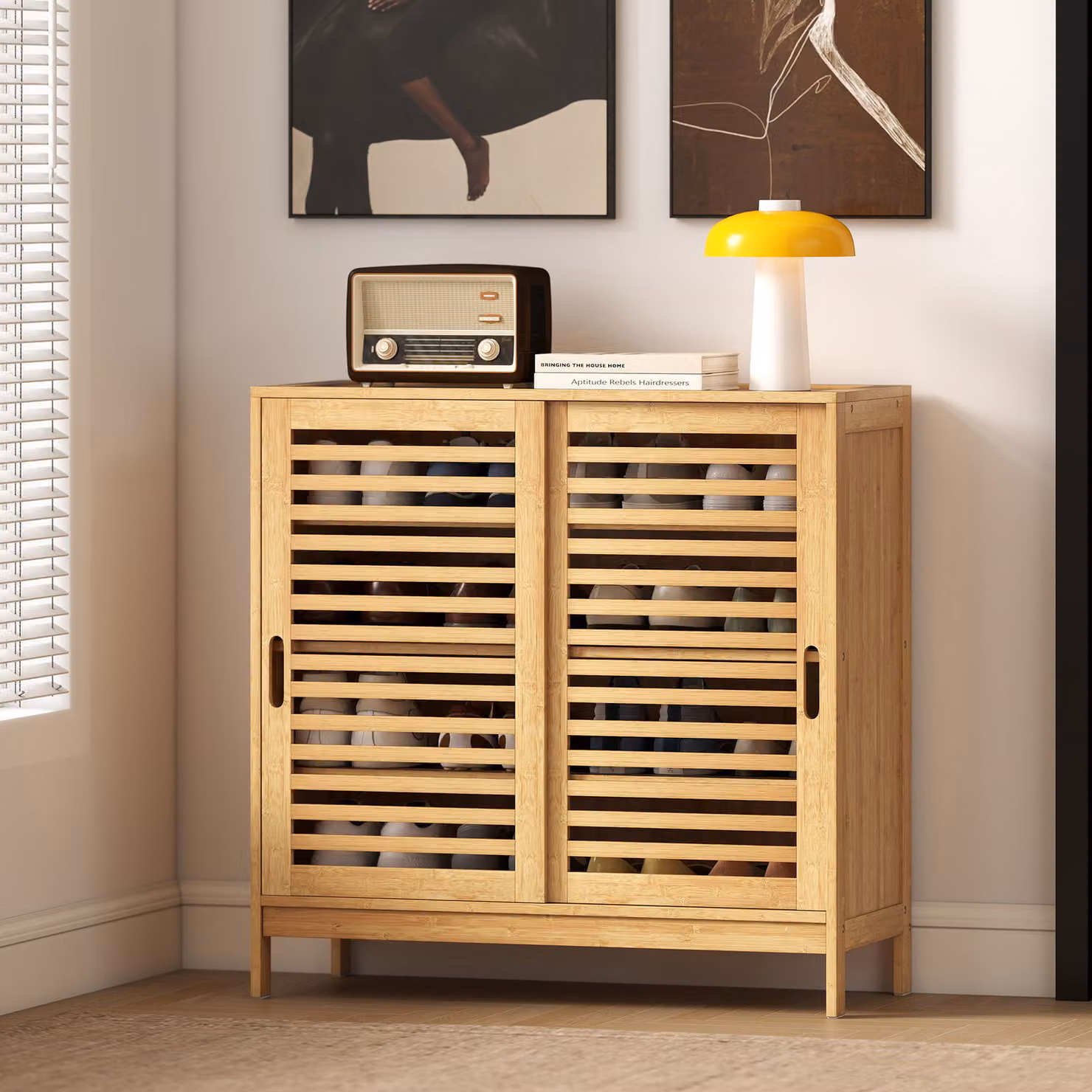 HOMCOM Bamboo Shoe Cabinet with 2 Sliding Slat Doors, 16 Pairs Capacity, Adjustable Shelves, Beige and Brown – 5
