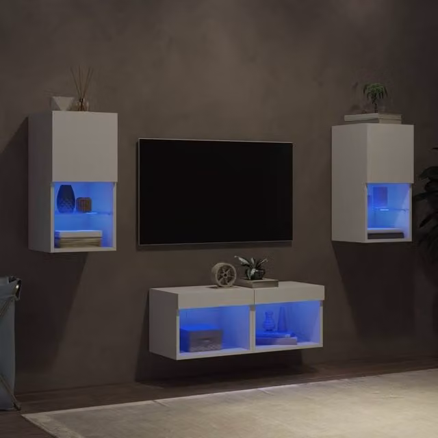Berkfield Home 4 Piece Modern White Wall Mounted TV Cabinet Set with Integrated LED Lighting – 1