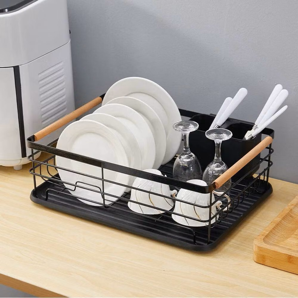 VOGREX Black Metal Dish Drainer with Cutlery Holder and Plate Rack – 3