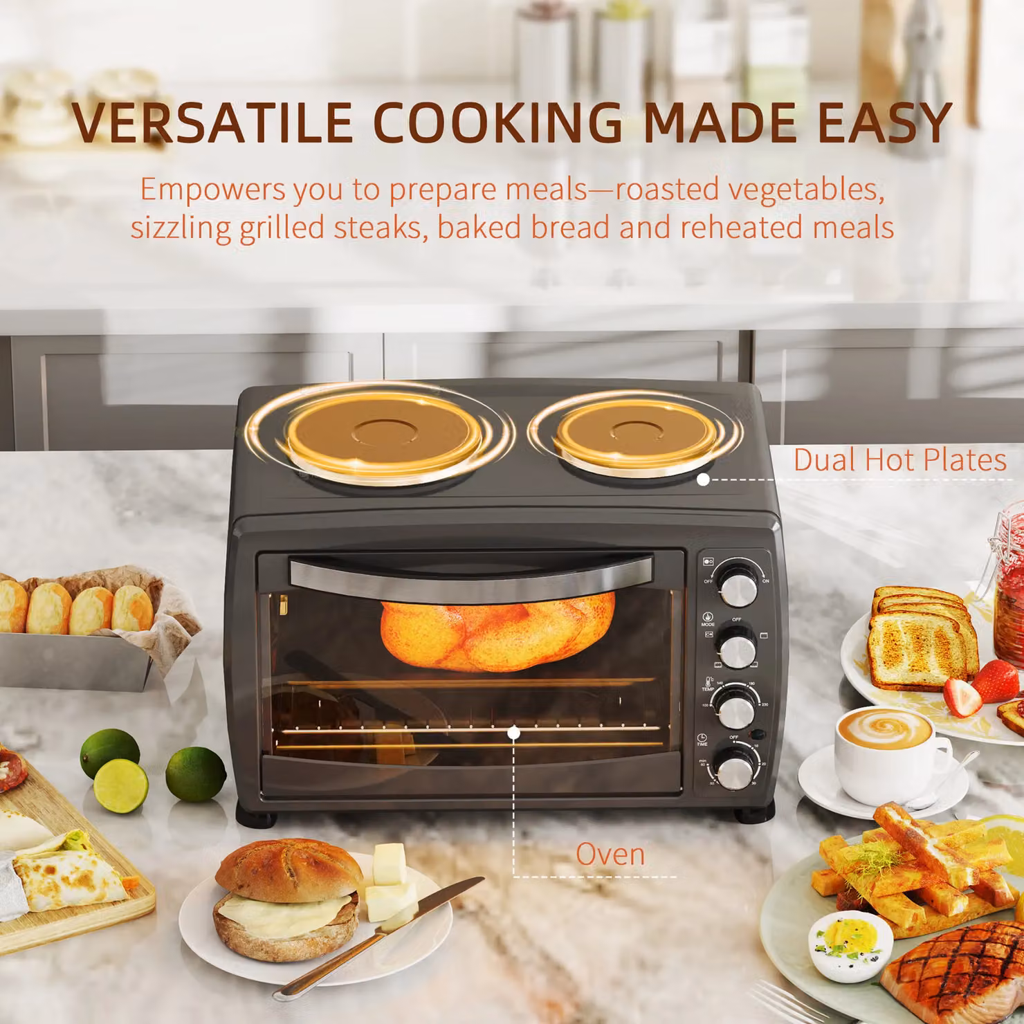 HOMCOM 36L Countertop Toaster Oven with 2 Hot Plates, Grill, Roast, Bake and Timer in Black, W/D/H: 54 x 35.5 x 35.5 cm – 4