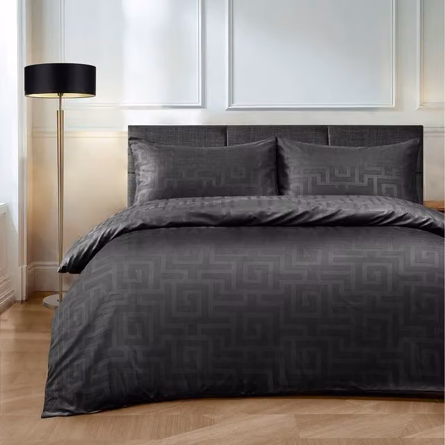 Velosso Mediterranean Graphic Patterned Microfibre Duvet Set in Black and Grey, W: 180 cm x L: 200 cm