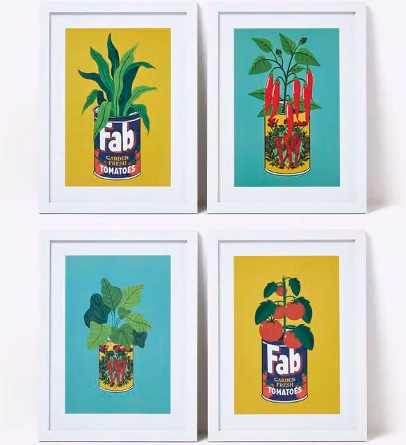 Homescapes Set of 4 Botanical Floral Paper Poster Wall Art, Multi-coloured, W/H: 40 x 40 cm