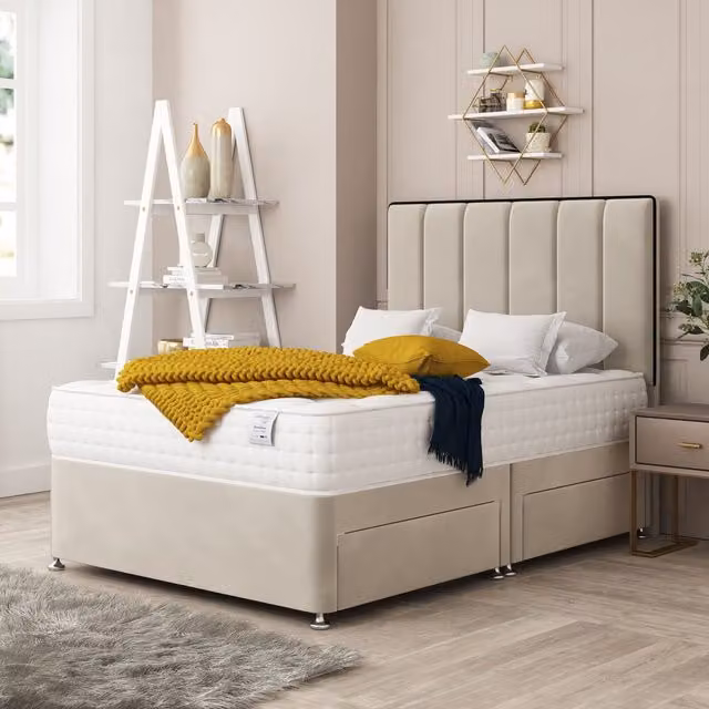 Bed Choices Herringbone Divan Bed with 2 Drawers, Mattress and 26 inch Headboard in Cream, King Size W/D/H: 180 x 200 cm