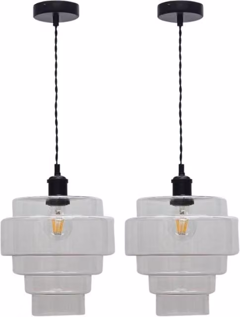 First Choice Lighting Benson Set of 2 5-Tier Glass and Black Ceiling Pendant Lights with Transparent Shades