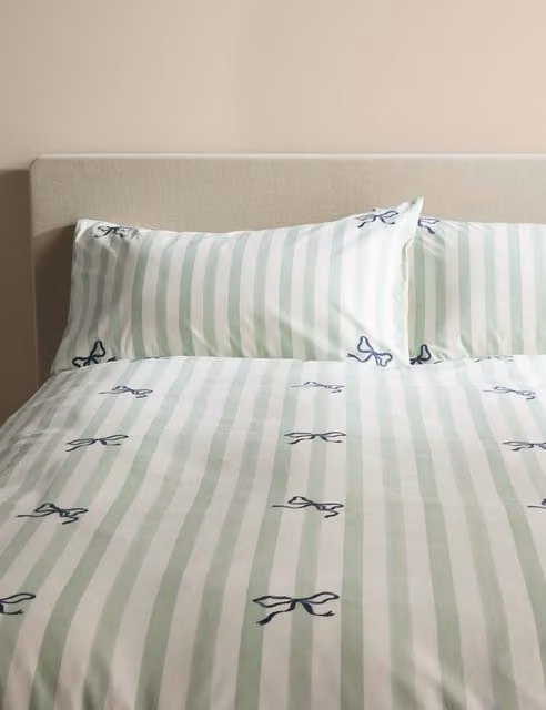 M&S Green Mix Striped Pure Cotton Embroidered Bow Bedding Set with Duvet Cover and Pillowcase, W: 180 cm, L: 200 cm