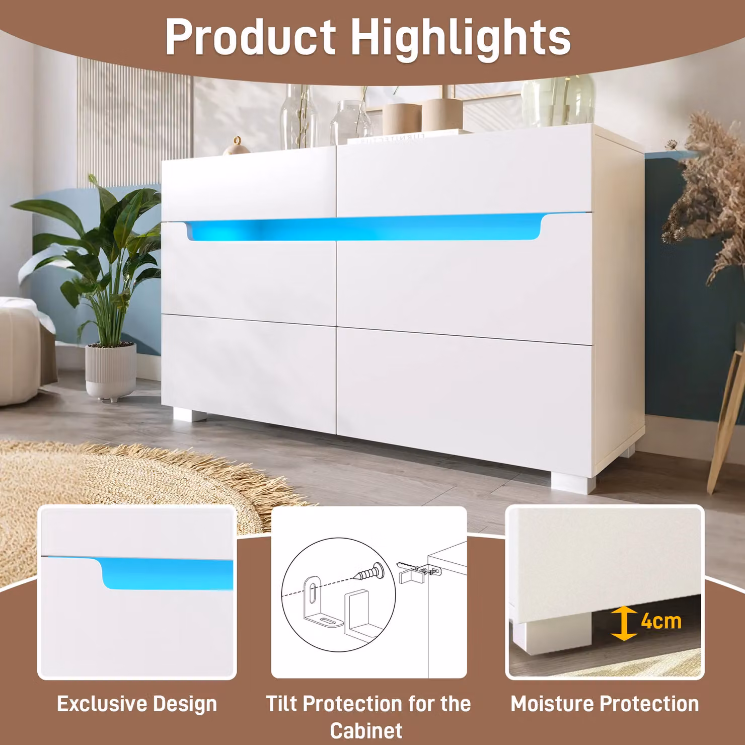 Matteo Modern Sideboard Cabinet with 6 Drawers and Integrated RGB LED Lighting, White and Silver, W/D/H: 120 x 40 x 71 cm – 3