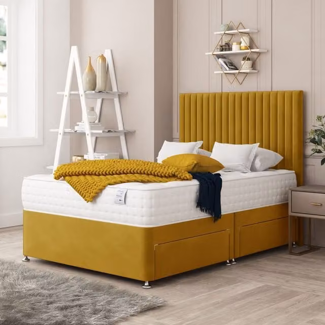 Bed Choices Manhattan King Size Divan Bed with 4 Drawers, Mattress and 26 inch Headboard in Mustard Yellow Velvet Fabric, W/D/H: 180 x 200 cm