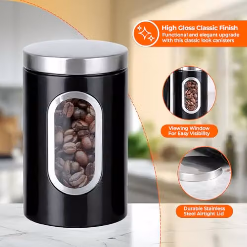 Innoteck 3 Piece Airtight and Leakproof Stainless Steel Kitchen Canister Set in Black – 3
