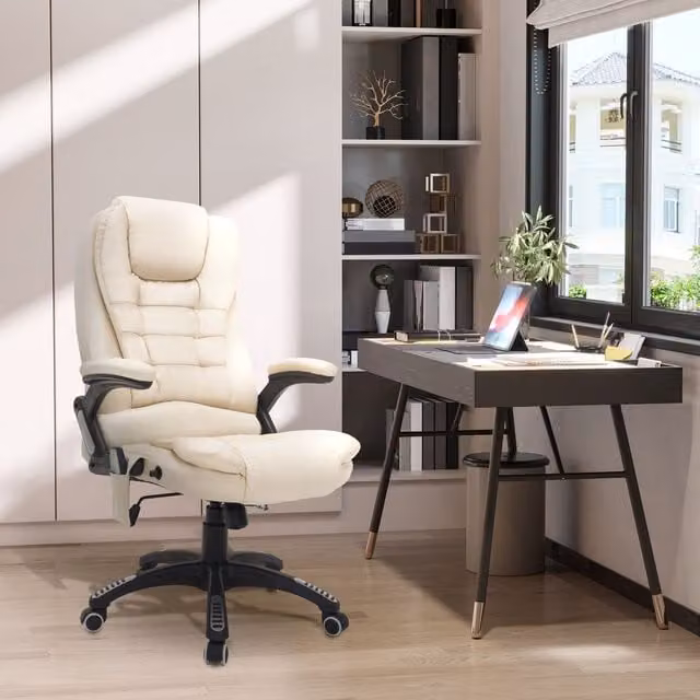 HOMCOM Beige Synthetic Leather Executive Office Chair with Heated Vibrating Massage and Reclining Function – 1