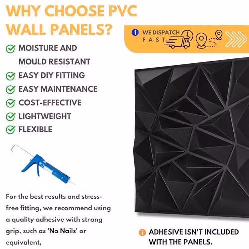 Novecrafto 3D Modern Diamond Design PVC Wall Panels, Black, 6 Sheets, W/D/H: 50 x 50 x 50 cm – 6