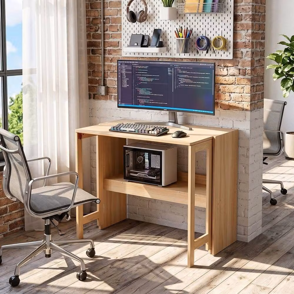 KORVIXA Natural Wooden Drop Leaf Desk, Brown, W/D/H: 100 x 100 cm – 3