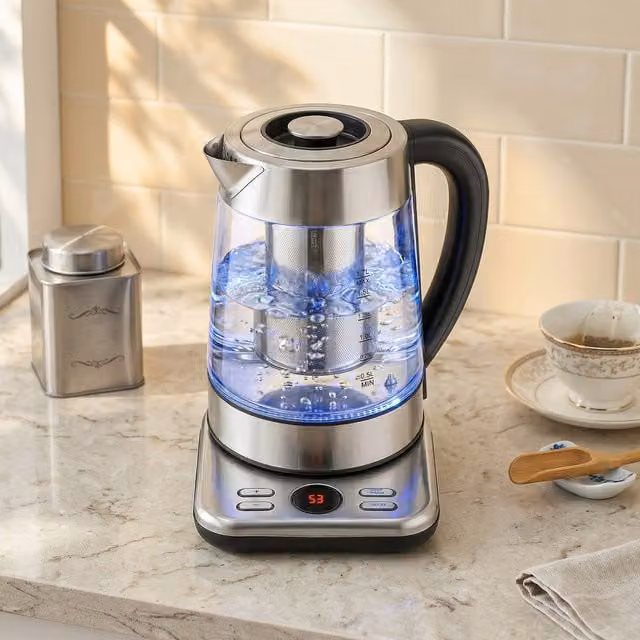 HOMCOM Silver and Transparent Glass Electric Kettle with Keep Warm Function, 1.7 l, 3 kW