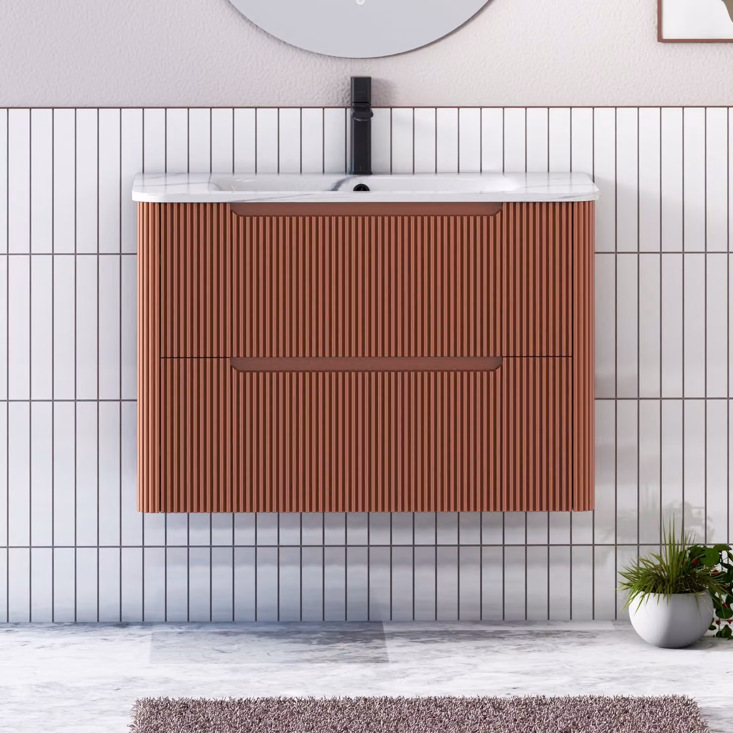 Royal Bathrooms Avenza 800mm Wall Hung Vanity Unit in Terracotta Clay with Carrara White Basin and 2 Drawers