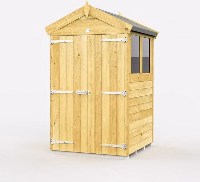 Buttercup Farm Apex Wooden Garden Shed with Double Doors and Window in Brown, W: 118 cm, D: 127 cm, H: 217 cm