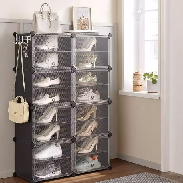SONGMICS Modular 8-Slot Shoe Storage Cabinet with Glass Doors, Black