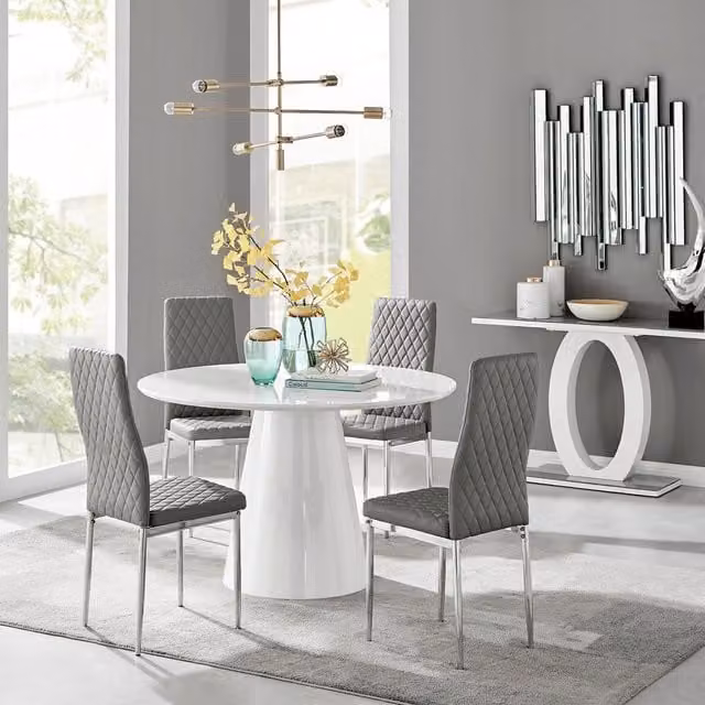 FurnitureboxUK Palma White High Gloss Round Dining Table and 4 Milan Chrome Leg Chairs in Grey