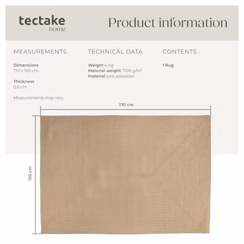 tectake Boho Style Woven Jute and Polyester Blend Area Rug, Brown, Black and Beige, W/L: 120 x 170 cm – 2