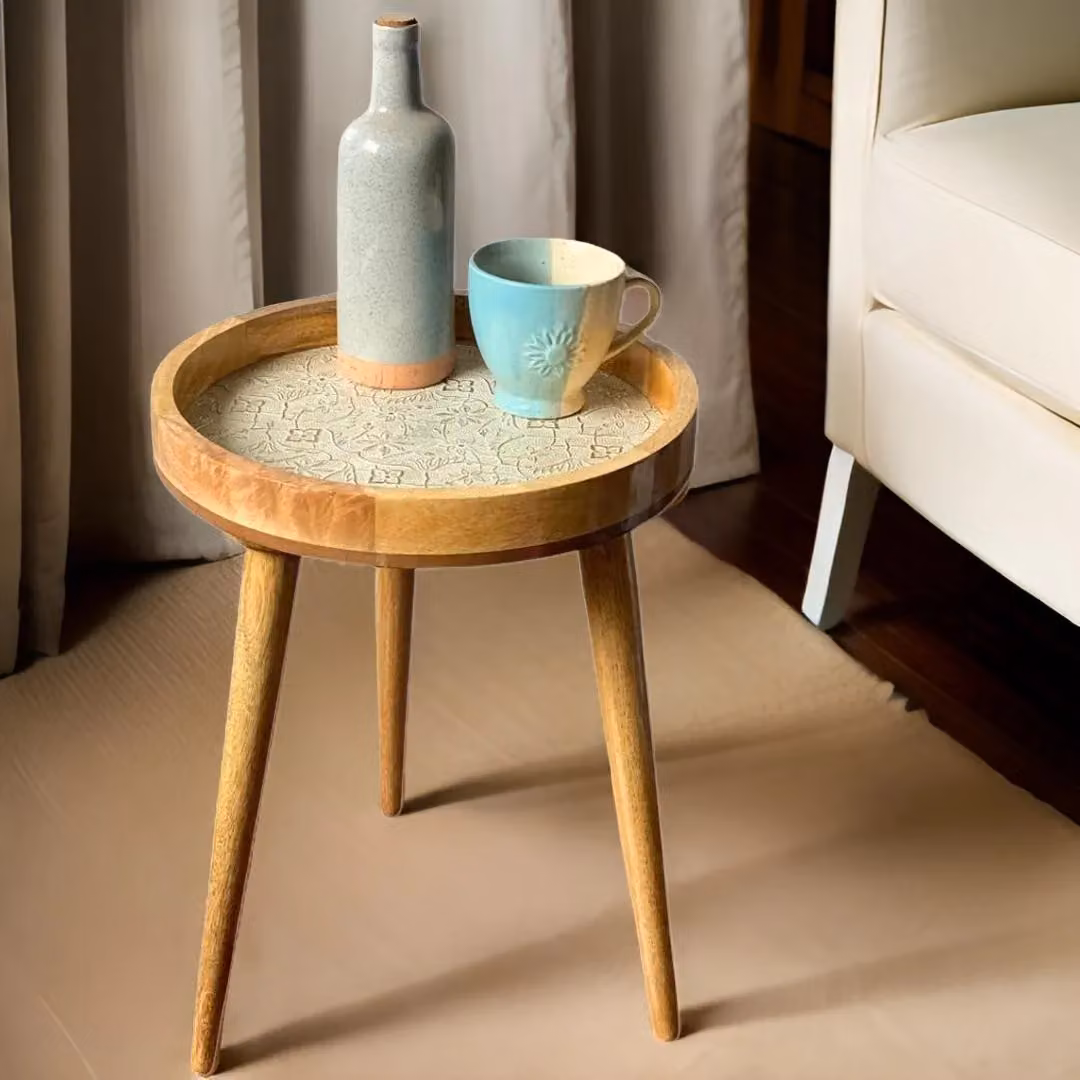 Hartsmede Handcrafted Mango Wood Side Table with Detachable Legs and Intricate Metal Embossed Floral Design in Ivory, W/D/H: 37 x 37 x 61 cm – 6