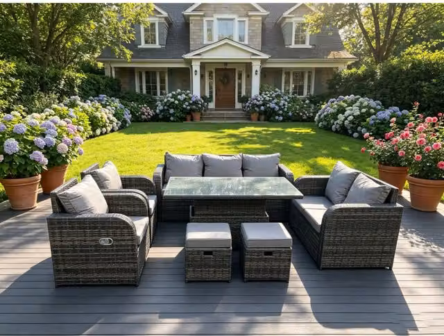 Fimous 9 Seater Rattan Dining Set with Adjustable Reclining Love Sofa and Chairs in Dark Grey Mixed