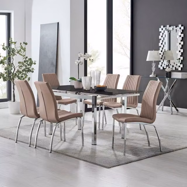 Furniturebox Enna Black Glass Extending Dining Table and 6 Isco Chairs in Cappuccino
